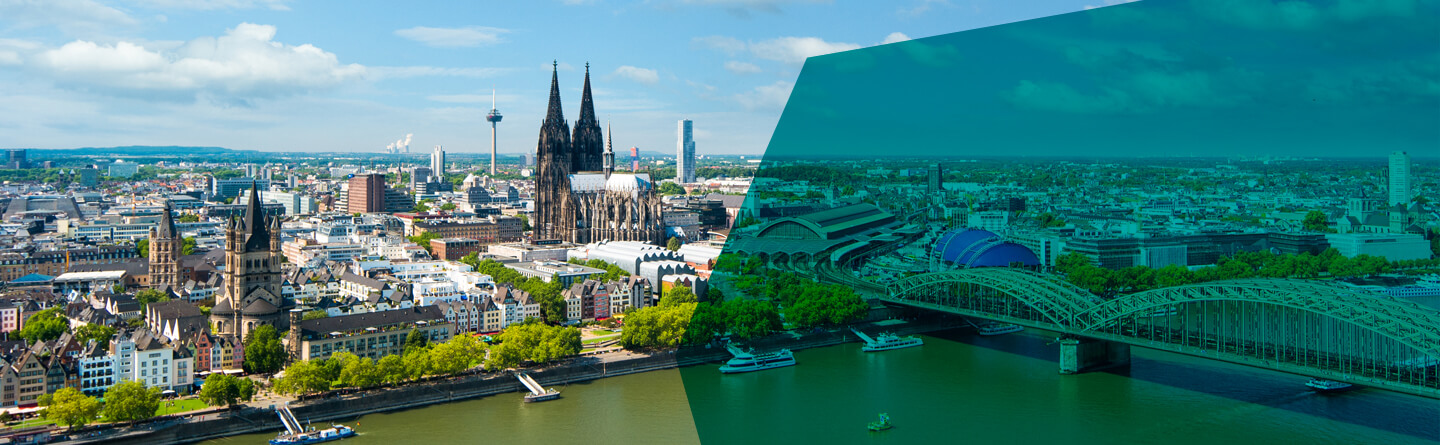 Foto des Rheins und des Kölner Doms - Köln ist Standort unserer FAW Akademie