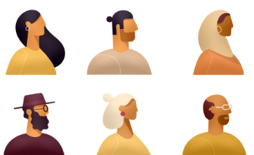 Comic-artiges Bild mit den Profilen von 3 Frauen und 3 Männern. Eine Frau hat schwarze lange haare, die andere weiße schulterlange und die dritte trägt ein Kopftuch. Ein Mann trägt einen Hut. 