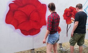 Zwei Personen sprühen rote Rosen an eine weiße Wand