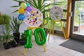 Pflanzen, Luftballons und zwei Schautafeln zum 10jährigen Bestehen des Arbeitskreis Inklusion