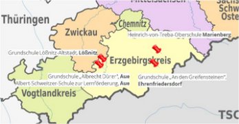 Auf einer Landkarten ist der Erzgebirgskreis zu erkennnen, in dem die von der FAW gGmbH Akademie Chemnitz betreuten Schule markiert sind.