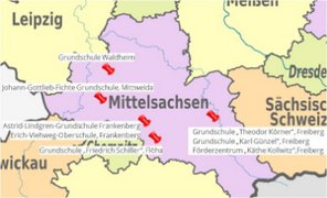 Auf einer Landkarte ist der Landkreis Mittelsachsen zu erkennen, in dem die von der FAW gGmbH Akademie Chemnitz betreuten Schulen verzeichnet sind.