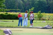 Sommerfest 2026 4 Mitarbeiterinnen beim Minigolf. Eine Mitarbeiterin spielt während die anderen 3 zuschauen. Im Hintergrund sind Bäume und Sonnenblumen erkennbar.