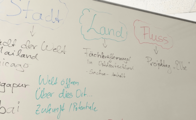 Abfotografiertes Whiteboard, auf dem gemeinsam mit Teilnehmenden die Themen für das Projekt in den Kategorien "Stadt", "Land" und "Fluss" gesammelt wurden. In der Kategorie "Land" wurde der Fachkräftemangel in Ostdeutschland genannt und in der Kategorie "Fluss" der Projekttag "Elbe".
