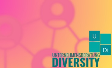 Grafik: Auf lila-gelbem Hintergrund sind mehrere mit Linien verbundene Icons abgebildet, daneben steht Unternehmensberatung Diversity.