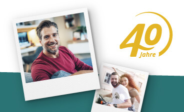 Beispielbild: zwei Polaroidfotos mit lächelnden Menschen, daneben das Logo „40 Jahre“.