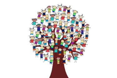 Die Zeichnung zeigt einen Baum, der anstelle von Blättern bunte Kinder als Krone hat. So steht er für Vielfalt und Teilhabe.