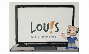 Illustration: aufgeklappter Laptop auf dem das LOU!S-Logo und das LOU!S-Maskottchen zu sehen ist.