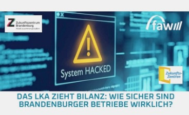 Illustration: Bildschirm mit Warnhinweis „System HACKED“ und Logos der faw, Zukunftszentren und Zukunftszentrum Brandenburg.