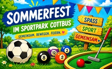 Bild im Comicstil mit dem Text Sommerfest im Sportpark Cottbus. Im Vordergrund sind ein Fußball, Billardkugeln und Minigolf zu sehen.