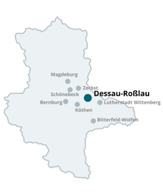 Dargestellt ist eine Karte von Sachsen-Anhalt, auf der die Standorte der Akademie Dessau markiert sind.