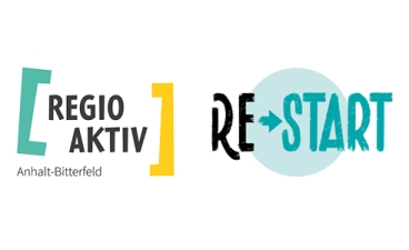 Re-Start Rechts ist das Logo "Regio Aktiv Anhalt-Bitterfeld" und links daneben das Logo "Re-Start".