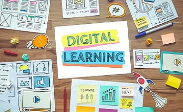 Das Bild zeigt eine bunte Collage zum Thema „Digital Learning". Diese zeigt Icons, Diagramme und weitere Inhalte.