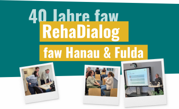 Polaroidbilder, die verschiedene Personen und Augenblicke der Veranstaltung "40 Jahre faw - RehaDialog faw Hanau & Fulda" 2026 darstellen