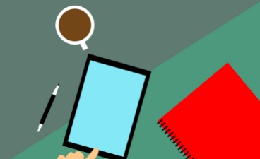 Dargestellt ist die Illustration eines Tablets, einer Kaffeetasse, eines Stiftes und eines Blocks.