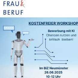 Grafische Darstellung zum Workshop Bewerbung mit KI: Abgebildet ist links ein Roborter, rechts daneben Workshop-Thema, -Ort und -Zeit.