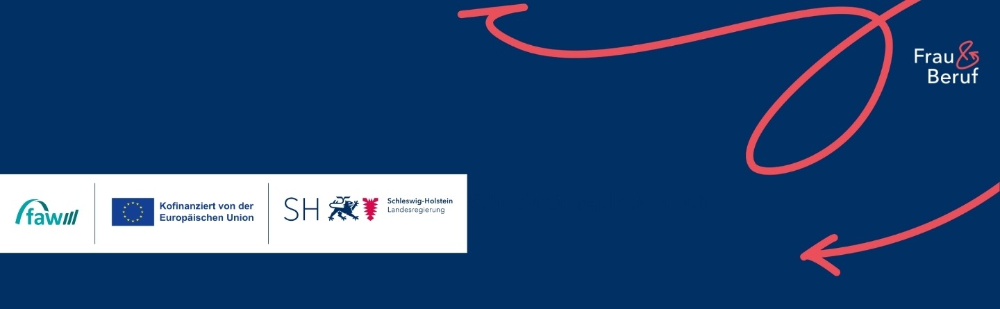 Frau&Beruf Headerbild: Auf blauem Hintergrund unten links drei Logos, daneben eine rote Linie mit Pfeil und der Schriftzug Frau&Beruf.