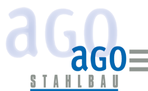 Logo der AGO Stahlbau Neuwied GmbH mit der Abkürzung "ago" und dem Schriftzug Stahlbau.