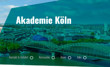 Teaser: Man sieht den Schriftzug Akademie Köln mit vier Unterpunkten zur Navigation auf der Standortwebsite