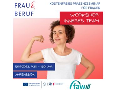 Infografik für Workshop Inneres Team - Frau in weißem T-Shirt symbolisiert Stärke durch Geste und spannt den rechten Oberarm an. 