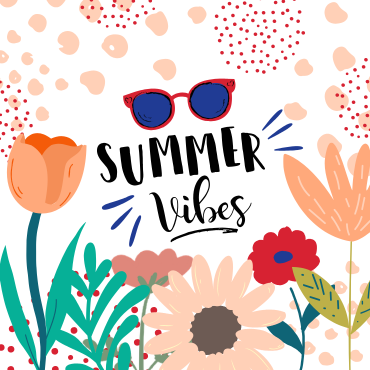 Frau&Beruf Summer Vibes Workshop Im unteren Teil befinden sich bunte Blumen, in der Mitte eine Blau-rote Sonnenbrille und die Schrift "Summer Vibes", oben und am rundherum am Rand befinden sich rote und orangene Punkte