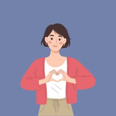 Grafik: Illustrierte Frau vor lilablauem Hintergrund, die mit beiden Händen ein Herz formt.