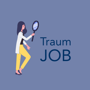 Frau&Beruf Workshop Jobdetektivin Illustration einer Person mit Lupe neben dem Schriftzug „Traum JOB“ – Symbol für Jobsuche und Karrierechancen