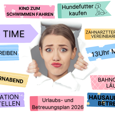 FRAU & BERUF Workshop Mental Load Grafik: Eine Frau blickt durch ein ins Papier gerissenes Loch. Sie sieht überfordert aus. Um sie herum Post-its mit Aufgaben.