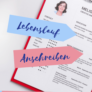 Illustration: Lebenslauf mit Bild, davor zwei Pfeile, hellblau und rosa, darauf die Worte Lebenslauf und Anschreiben. 