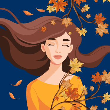 Workshop Herbst Reset Herbstliche Illustration: Person mit geschlossenen Augen, wehenden Haaren und fallenden Ahornblättern.