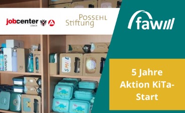 Informationsgrafik: rechts steht geschrieben: 5 Jahre Aktion KiTA-Start, links sind Brotdosen usw. abgebildet.