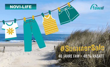 Illustration: Strandmotiv mit Sommerkleidung an einer Wäscheleine und Hinweis auf 40 Jahre faw mit 40 % Rabatt im Summer Sale.