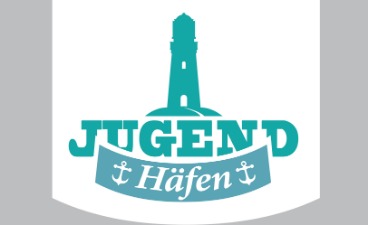 Das Foto zeigt das Logo des Projektes Jugendhäfen. Ein türkis farbener Leuchtturm auf weißen Hintergrund.
