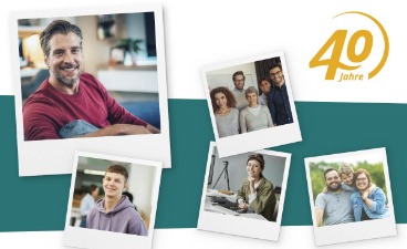 Eine Collage aus Polaroid-Fotos von Menschen, mitten im Leben. Daneben das Jubiläumslogo "40 Jahre" der faw.