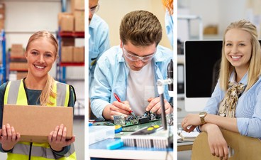 Bildkollage aus drei Bilder; eine Person im Lager; eine Person mit IT-Bezug; eine Person im Büro;
